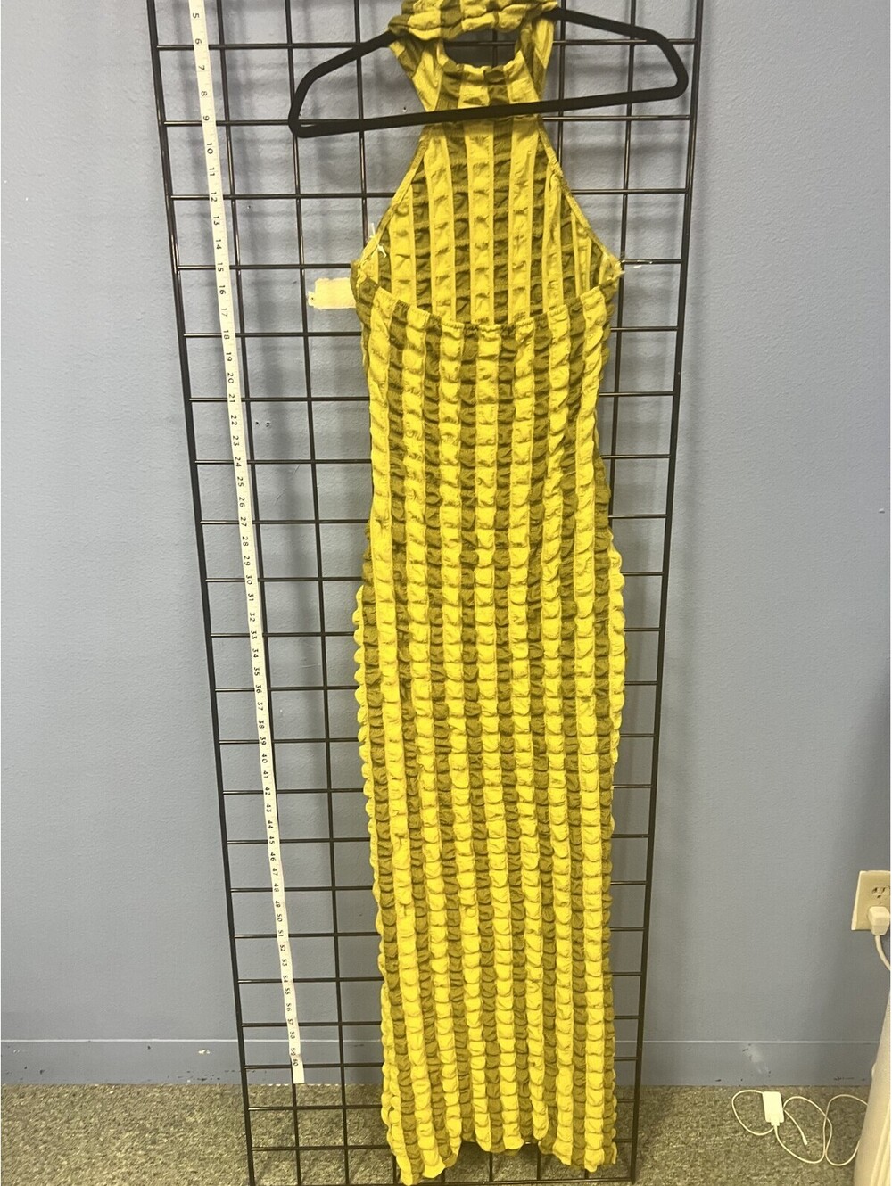 Poof New York Women L Yellow Green Stripe Textured Halter Cutout Maxi Dress